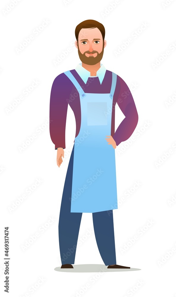 Man craftsman or artist. Guy in apron. Master in workwear. Cheerful person. Standing pose. Cartoon comic style flat design. Single character. Illustration isolated on white background. Vector Man craftsman or artist. Guy in apron. Master in workwear. Cheerful person. Standing pose. Cartoon comic style flat design. Single character. Illustration isolated on white background. Vector