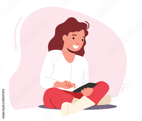 Child Use Gadget Concept, Kid Character with Tablet or Mobile Phone in Hand Studying Online. Remote Education, Addiction