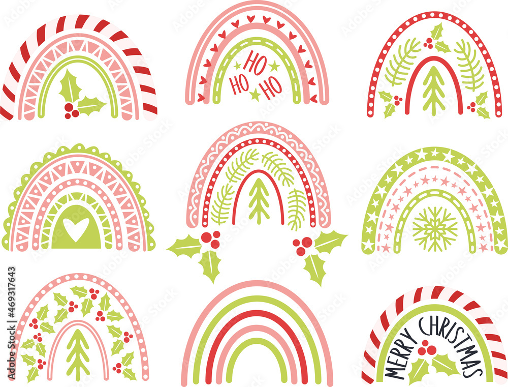 Set of cute Christmas rainbows vector illustration isolated on white background. Christmas or New Year boho rainbows clip art perfect for t-shirts, kids textile, cards and so on Set of cute Christmas rainbows vector illustration isolated on white background. Christmas or New Year boho rainbows clip art perfect for t-shirts, kids textile, cards and so on