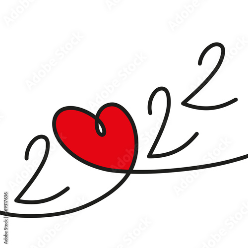 Carte de vœux 2022 sur le concept des rencontres et des relations amoureuses, symbolisé par un dessin au trait, d’un coeur rouge sur fond blanc. photo