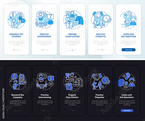 Prepare for interview dark, light onboarding mobile app page screen. Walkthrough 5 steps graphic instructions with concepts. UI, UX, GUI vector template with linear night and day mode illustrations