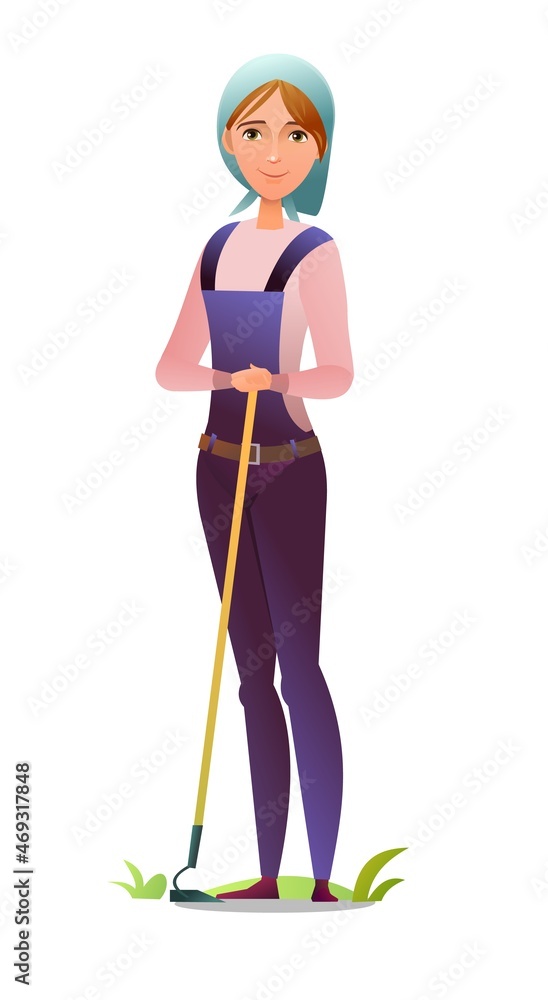 Woman villager farmer in overalls. Girl is an agricultural worker. Cheerful person. Standing pose. Cartoon comic style flat design. Single character. Illustration isolated on white background. Vector Woman villager farmer in overalls. Girl is an agricultural worker. Cheerful person. Standing pose. Cartoon comic style flat design. Single character. Illustration isolated on white background. Vector