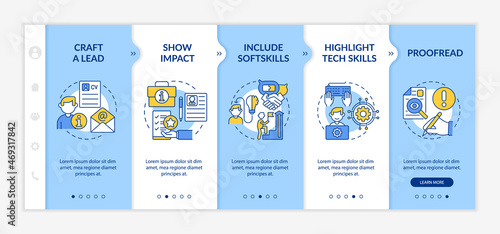 Writing resume onboarding vector template. Position applicant. Responsive mobile website with icons. Web page walkthrough 5 step screens. Job hunting color concept with linear illustrations