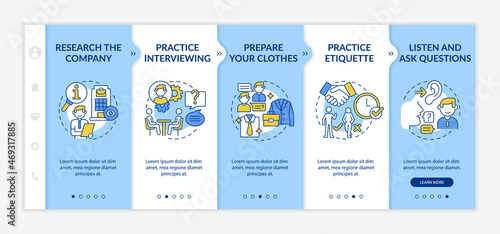 Preparing for job interview onboarding vector template. Responsive mobile website with icons. Web page walkthrough 5 step screens. Job position color concept with linear illustrations