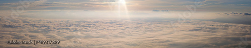 Heaven at early sunrise predawn clear sky over the mountains with the morning mist. Panorama