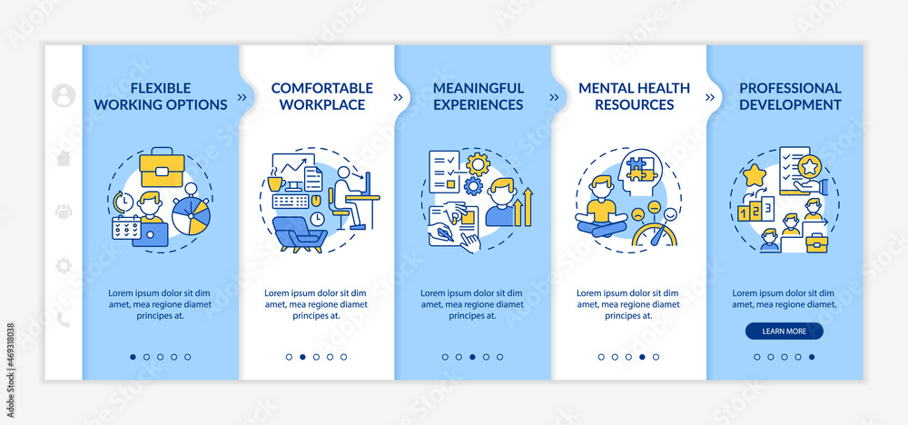 Employee perks onboarding vector template. Benefits for workers. Responsive mobile website with icons. Web page walkthrough 5 step screens. Job hunting color concept with linear illustrations