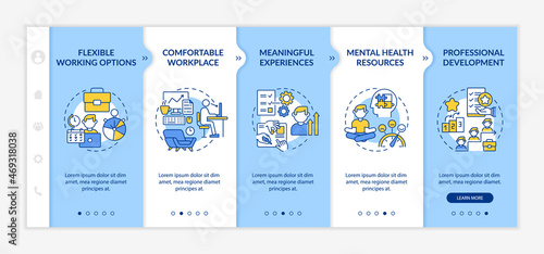 Employee perks onboarding vector template. Benefits for workers. Responsive mobile website with icons. Web page walkthrough 5 step screens. Job hunting color concept with linear illustrations