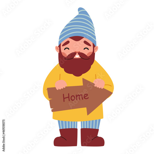 Funny Garden Gnome Holding Direction Arrow Board with Home Inscription Isolated on White Background, Cute Character