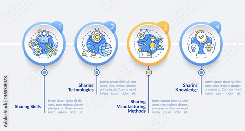 Tech sharing methods vector infographic template. Disseminate data presentation outline design elements. Data visualization with 4 steps. Process timeline info chart. Workflow layout with line icons photo