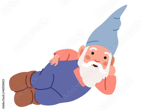 Funny Garden Dwarf Wear Hat and Overalls Lying on Ground Gnome Isolated on White Background. Cute Elf Character