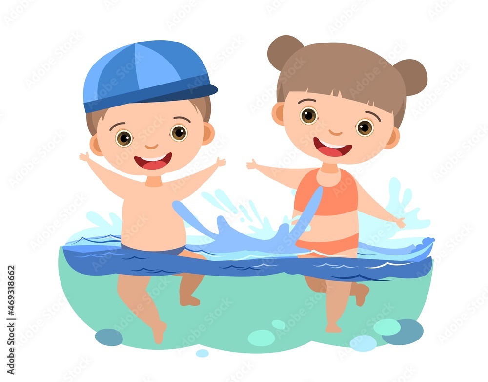 Girl and boy are having fun and splashing in water. Swimming, diving and water sports. Pool or beach. Isolated on white background. Illustration in cartoon style. Flat design. Vector art Girl and boy are having fun and splashing in water. Swimming, diving and water sports. Pool or beach. Isolated on white background. Illustration in cartoon style. Flat design. Vector art