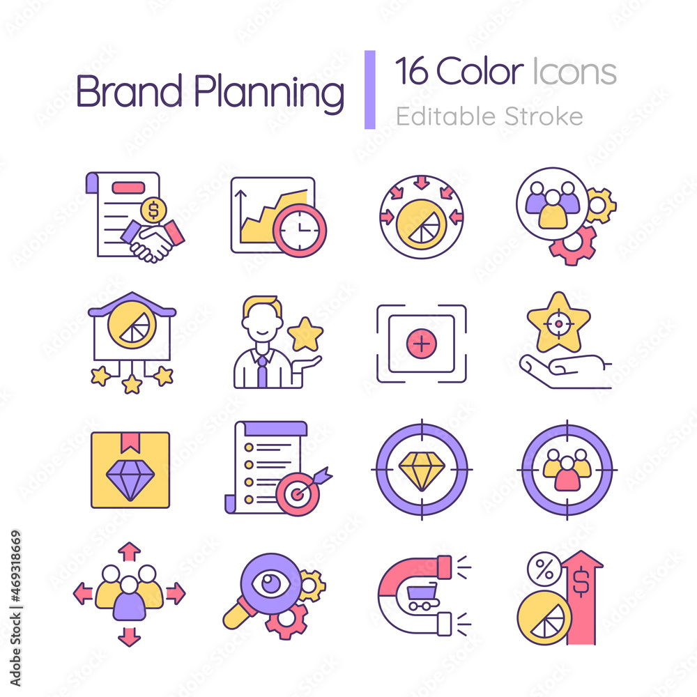 Brand planning RGB color icons set. Marketing strategy. Corporate values. Performance efficiency. Isolated vector illustrations. Simple filled line drawings collection. Editable stroke