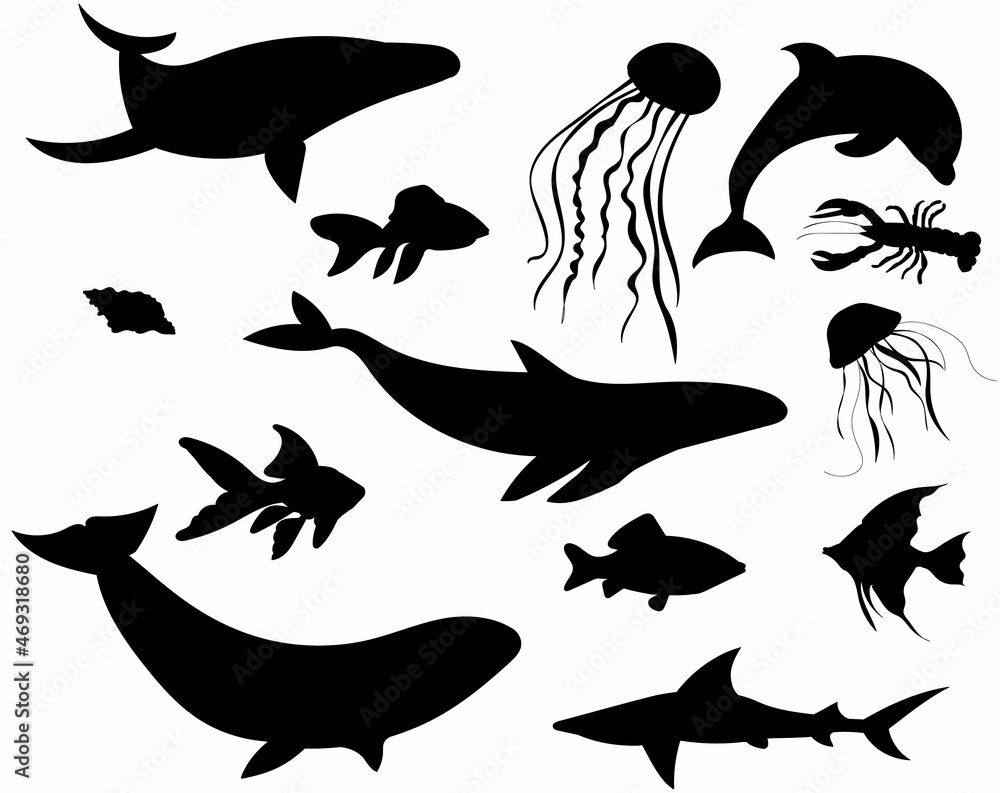 Fototapeta premium sea animals, black silhouette vector, isolated