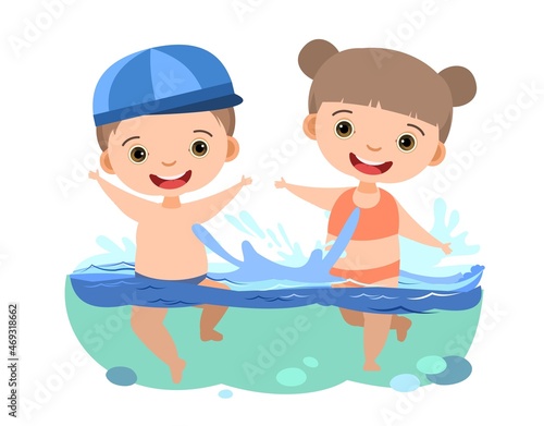 Girl and boy are having fun and splashing in water. Swimming, diving and water sports. Pool or beach. Isolated on white background. Illustration in cartoon style. Flat design. Vector art