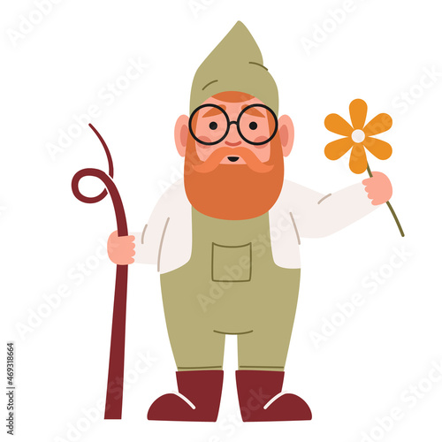 Funny Garden Gnome Wear Overalls, Hat and Glasses Holding Flower and Walking Staff Isolated on White Background Cute Elf