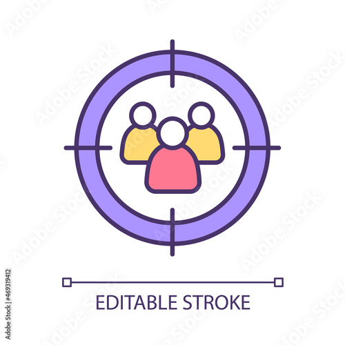 Target audience RGB color icon. Searching for client base. Focused marketing strategy. Promotion to customers and consumers. Isolated vector illustration. Simple filled line drawing. Editable stroke