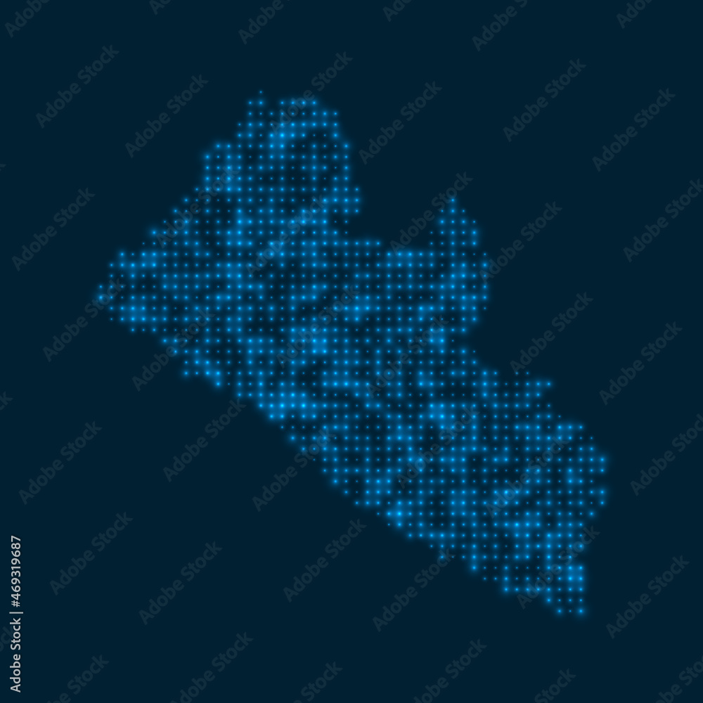 Fototapeta premium Liberia dotted glowing map. Shape of the country with blue bright bulbs. Vector illustration.