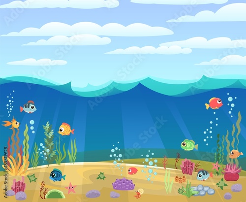 Bottom of reservoir with fish. Blue water and sky. Sea ocean. Underwater landscape with animals. plants  algae and corals. Cartoon style illusteration. Vector art