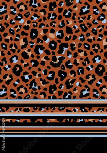 Leopard skin with stripes border print. Random placed, animal seamless pattern with multicolored lines on the bottom placement artwork. photo