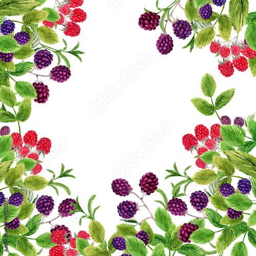Watercolor frame with twigs, fruits and leaves of blackberries and raspberries 