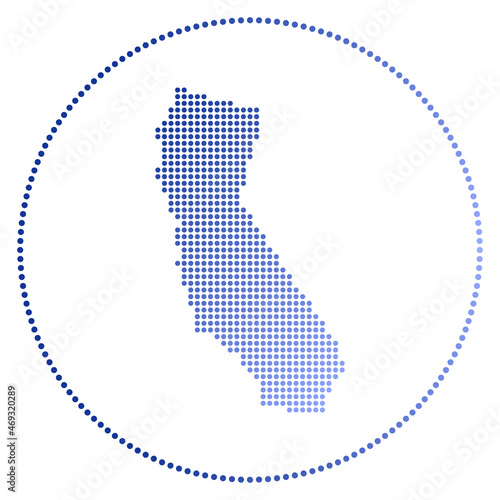 California digital badge. Dotted style map of California in circle. Tech icon of the US state with gradiented dots. Awesome vector illustration.