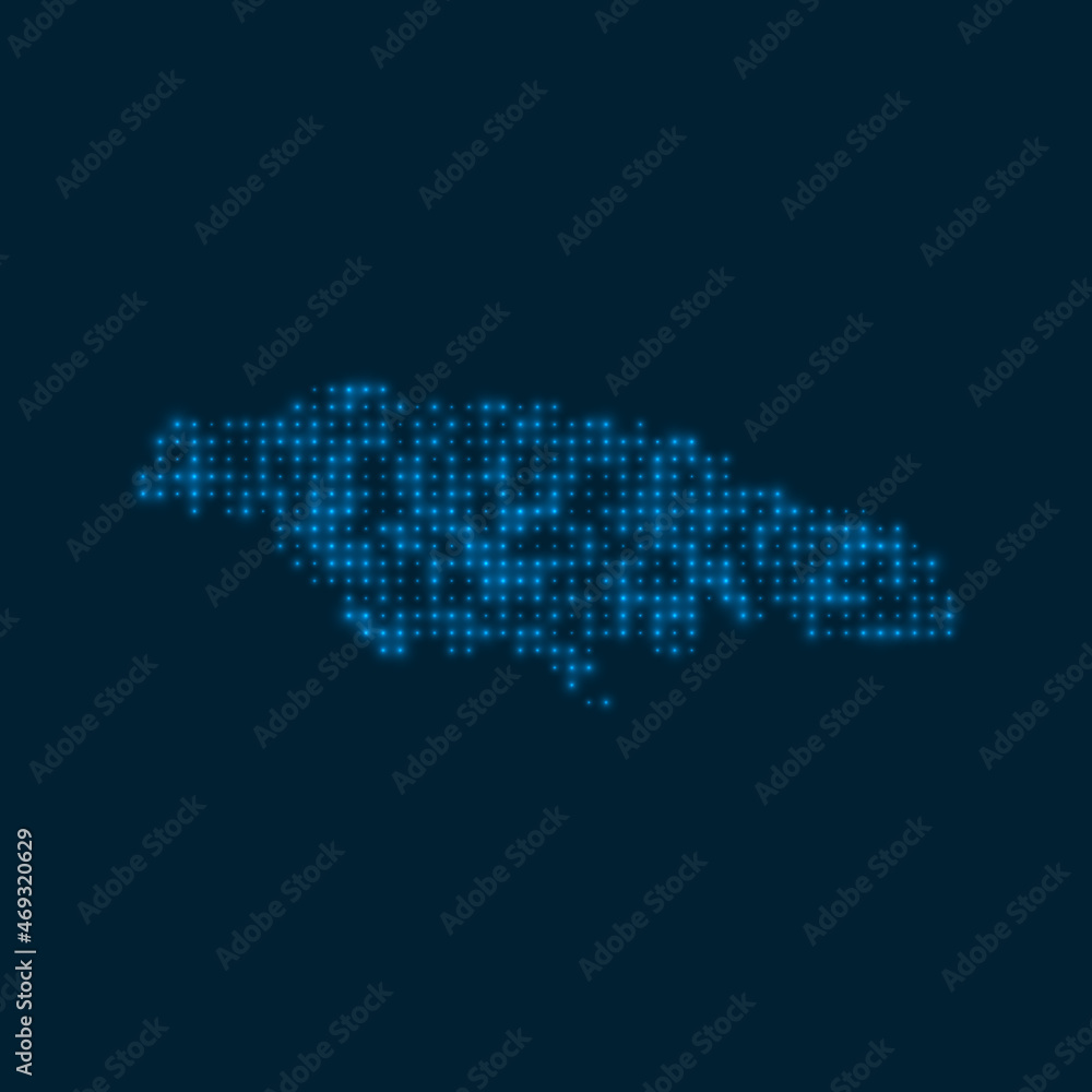 Jamaica dotted glowing map. Shape of the country with blue bright bulbs. Vector illustration.