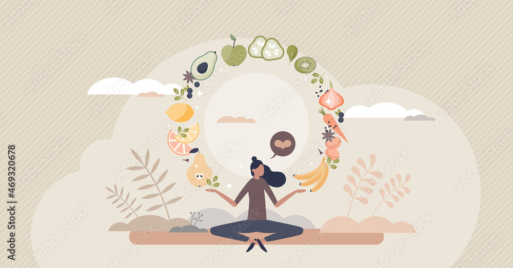 Mindful eating and daily diet with harmony and balance tiny person concept. Complete full menu with healthy vegetables and fruits for body balance and fit vector illustration. Mind wellness lifestyle. - obrazy, fototapety, plakaty 