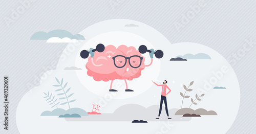 Mental toughness and psychological mind control training tiny person concept. Self control with anger management or hard determination power vector illustration. Personal development and brain growth. photo