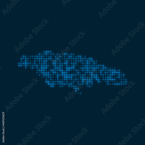 Jamaica dotted glowing map. Shape of the country with blue bright bulbs. Vector illustration.