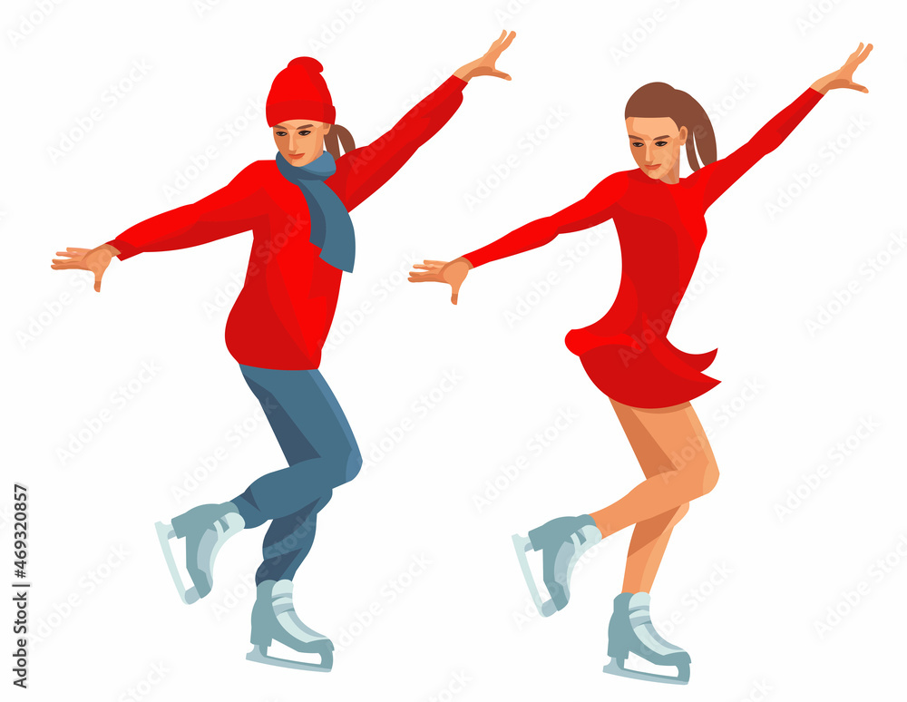A figure skater girl makes a half turn with her hands raised in a winter jacket and a dress for the championship