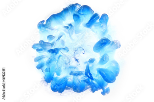 Blue smoke on white ink background, colorful fog, abstract swirling ocean sea, acrylic paint pigment underwater