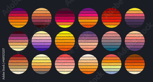 Sunset collection in retro 70s and 80s style with grunge texture. Vintage sunsets in different colors. Distressed striped circles in various colors. Banner, poster and t-shirt design elements. Vector.