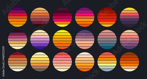 Sunset collection in retro 70s and 80s style. Vintage sunsets in different colors. Striped circles in various colors. Banner, poster and t-shirt design elements. Vector.