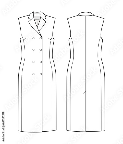 Fashion technical drawing of double breasted sleeveless dress 