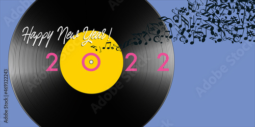 Carte de vœux pour l’année 2022 sur le concept de la musique, avec pour symbole un disque vinyle et une banderole de note qui s’envolent.
