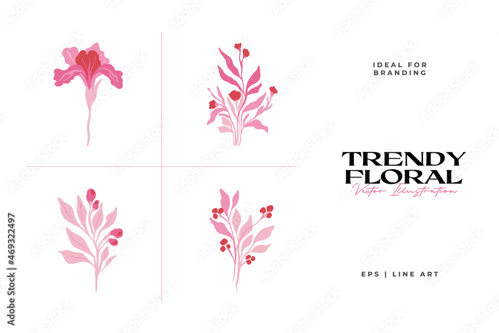 Obraz premium Set of pink floral elements. Flower and green leaves.Modern trendy Matisse minimal style. Floral poster, invite. Vector arrangements for greeting card or invitation design