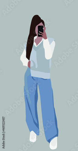 A young lady in wide jeans, light-colored boots, a white shirt and a gray waistcoat. Vector flat image of a lady with a tail. Design for cards, posters, backgrounds, avatars, templates, postcards.
