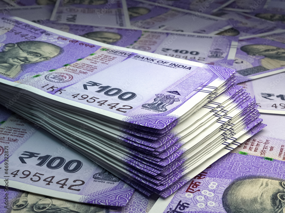 Indian money. Indian rupee banknotes. 100 INR rupees bills. 素材庫相片