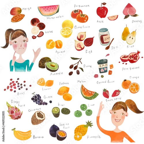 水彩画のおしゃれなフルーツのイラストセットベクター素材