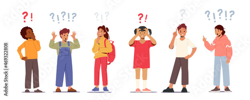 Set of Children Asking Questions, Searching Information, Schoolgirls and Schoolboys with Question and Exclamation