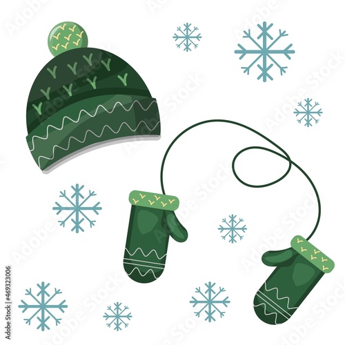 Vector collection of winter clothes isolated on white. Winter hat and mittens illustrations. 