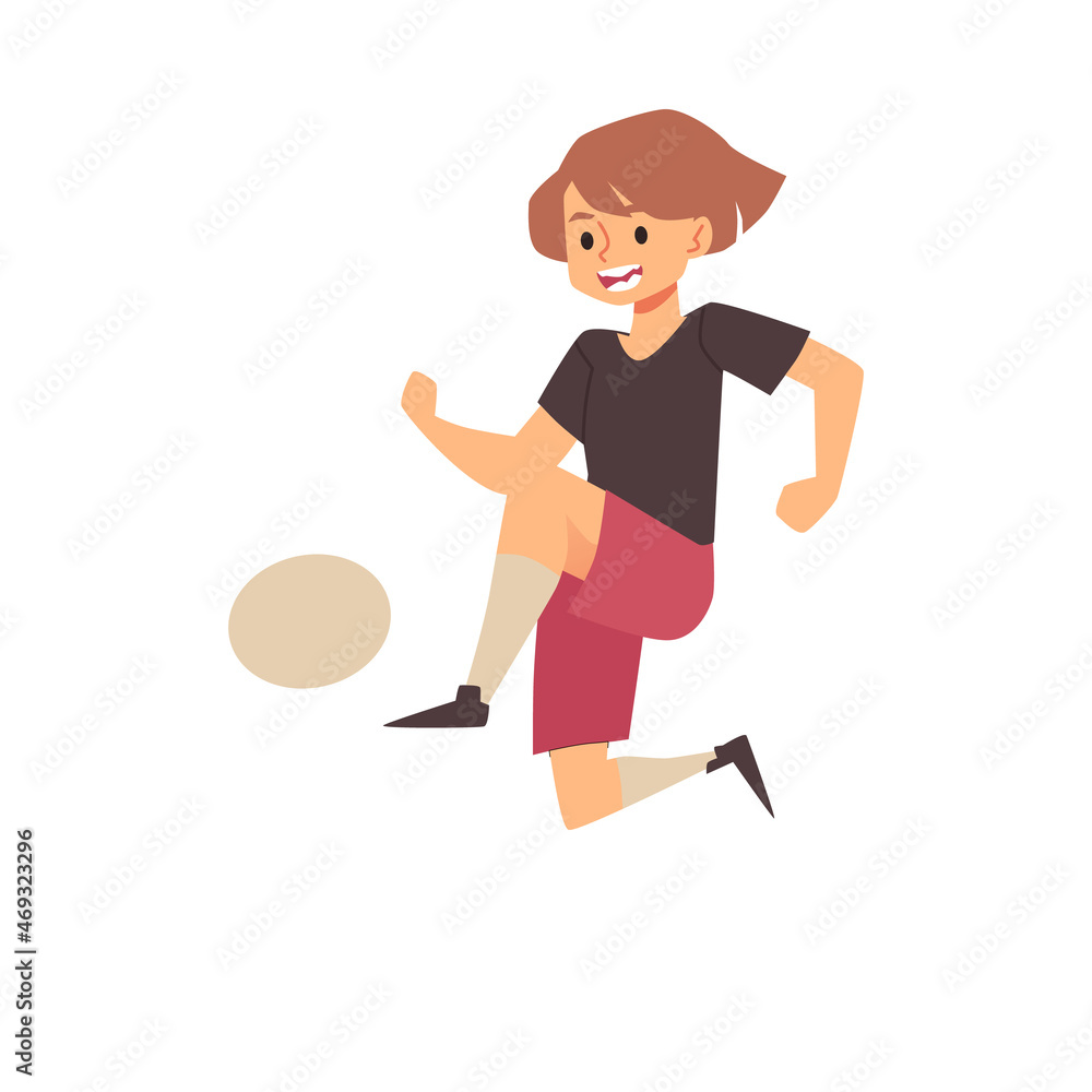 Happy smiling boy playing soccer with ball in flat vector illustration isolated Happy smiling boy playing soccer with ball in flat vector illustration isolated
