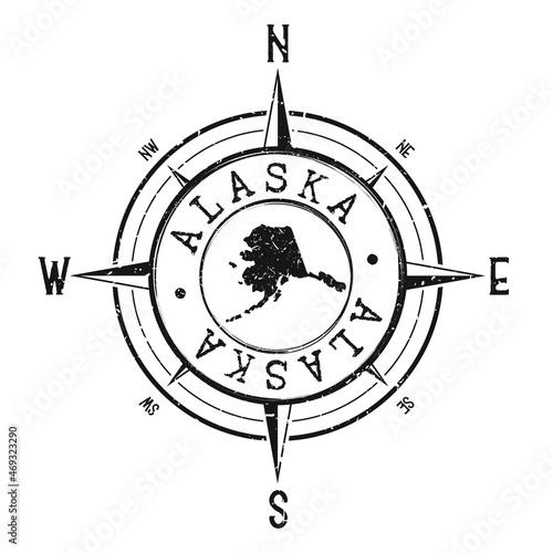 Alaska, USA Stamp Map Compass Adventure. Illustration Travel Country Symbol. Seal Expedition Wind Rose Icon.