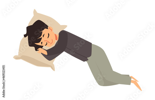 Little child boy sleeping with pillow, flat vector illustration isolated.