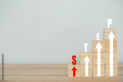 Wooden block with text step and up arrow financial and business growth interest rates and mortgage rates interest on investment inflation concept on white background.