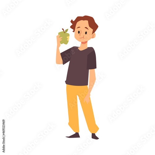 Cute teenage boy eating green apple, flat cartoon vector illustration isolated.