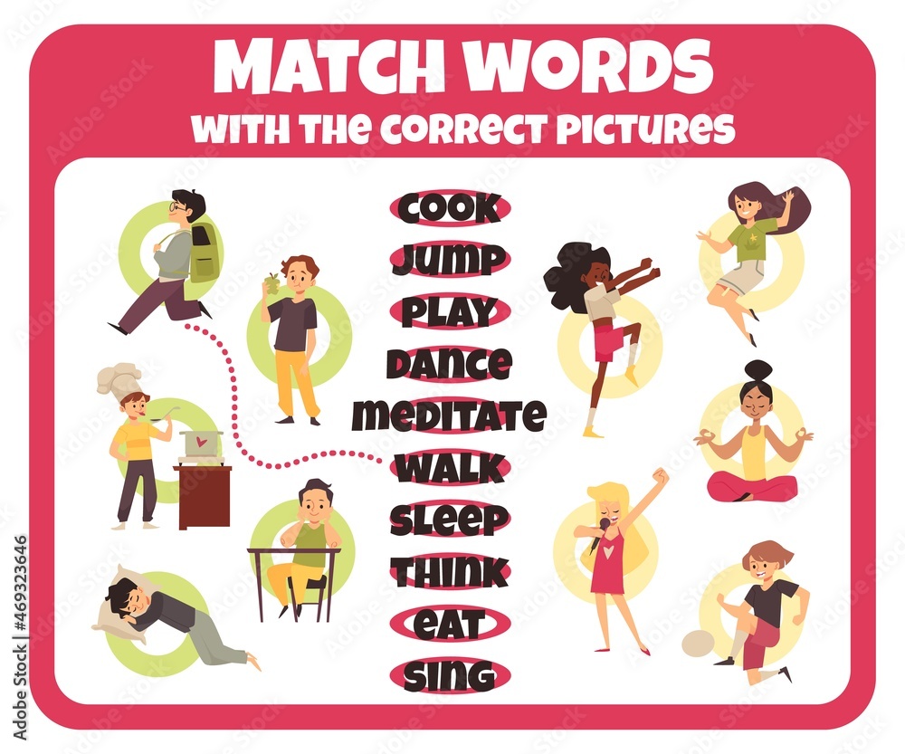 English word to picture matching worksheet for kids, flat vector illustration.