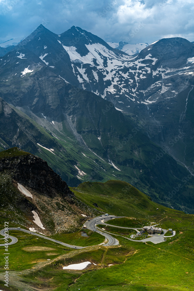 Grossglockner in Austria. Alpine Mountains Dramatic Landscape and Curvy Winding Road at Summer.