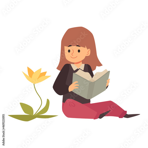 Fotografie, Obraz Child girl studying flowers on hike in camp, flat vector illustration isolated