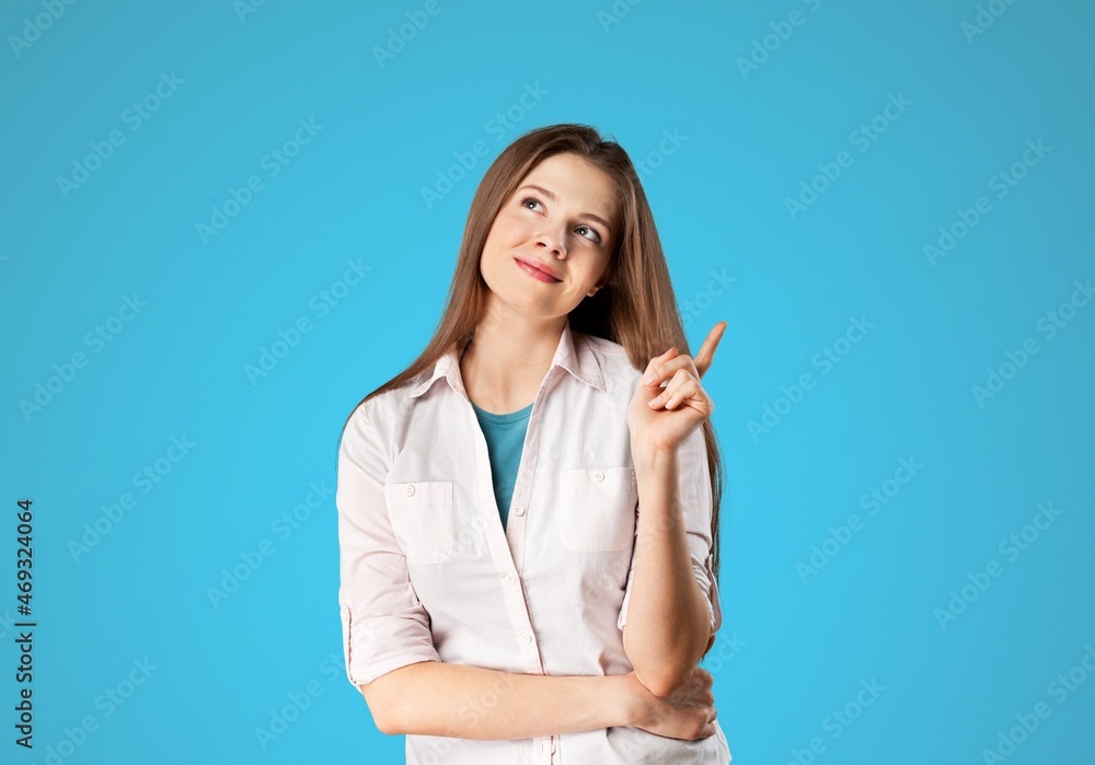 Friendly cheerful girl inviting visit link interesting place, pointing Friendly cheerful girl inviting visit link interesting place, pointing